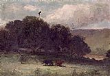 Edward Mitchell Bannister landscape with trees and two cows in meadow painting